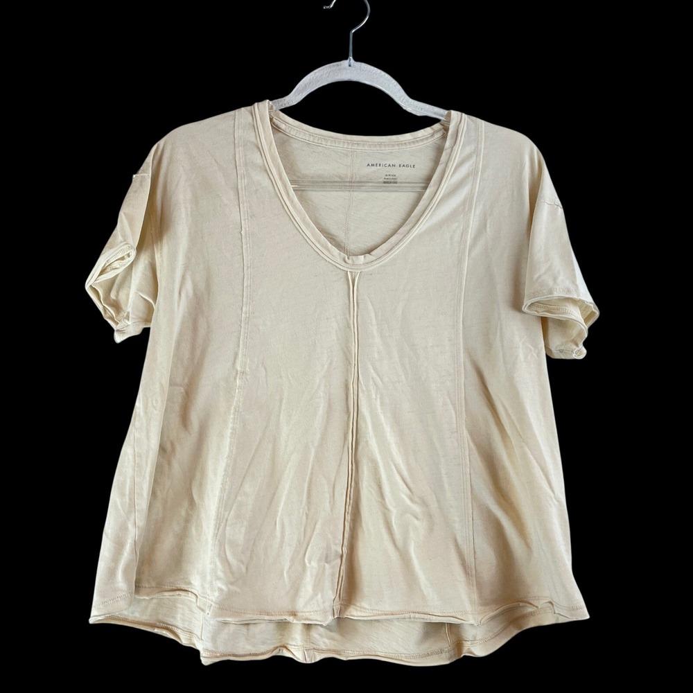 American Eagle Womens Cream V-Neck Seamed Short Sleeve T-Shirt Size S Relaxed